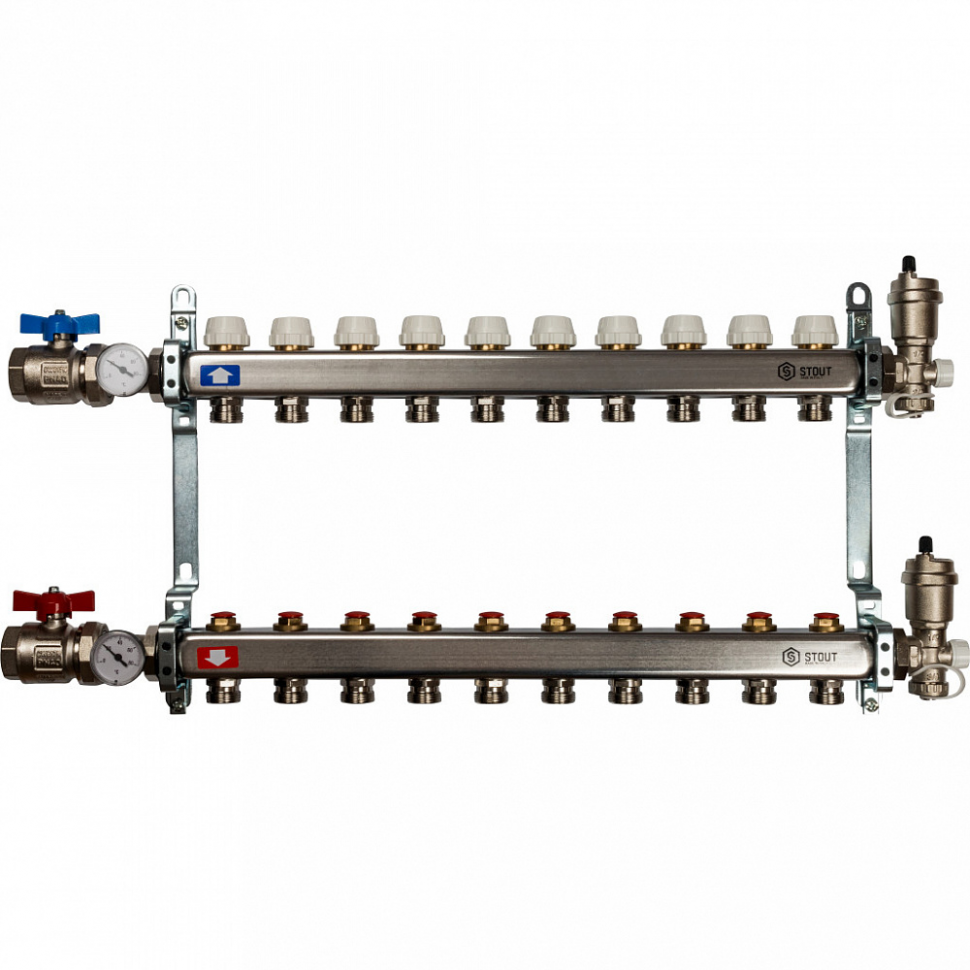 Коллекторная группа в сборе Stout SMS-0912 1" на 10 контуров 3/4" ЕК с рег/вс