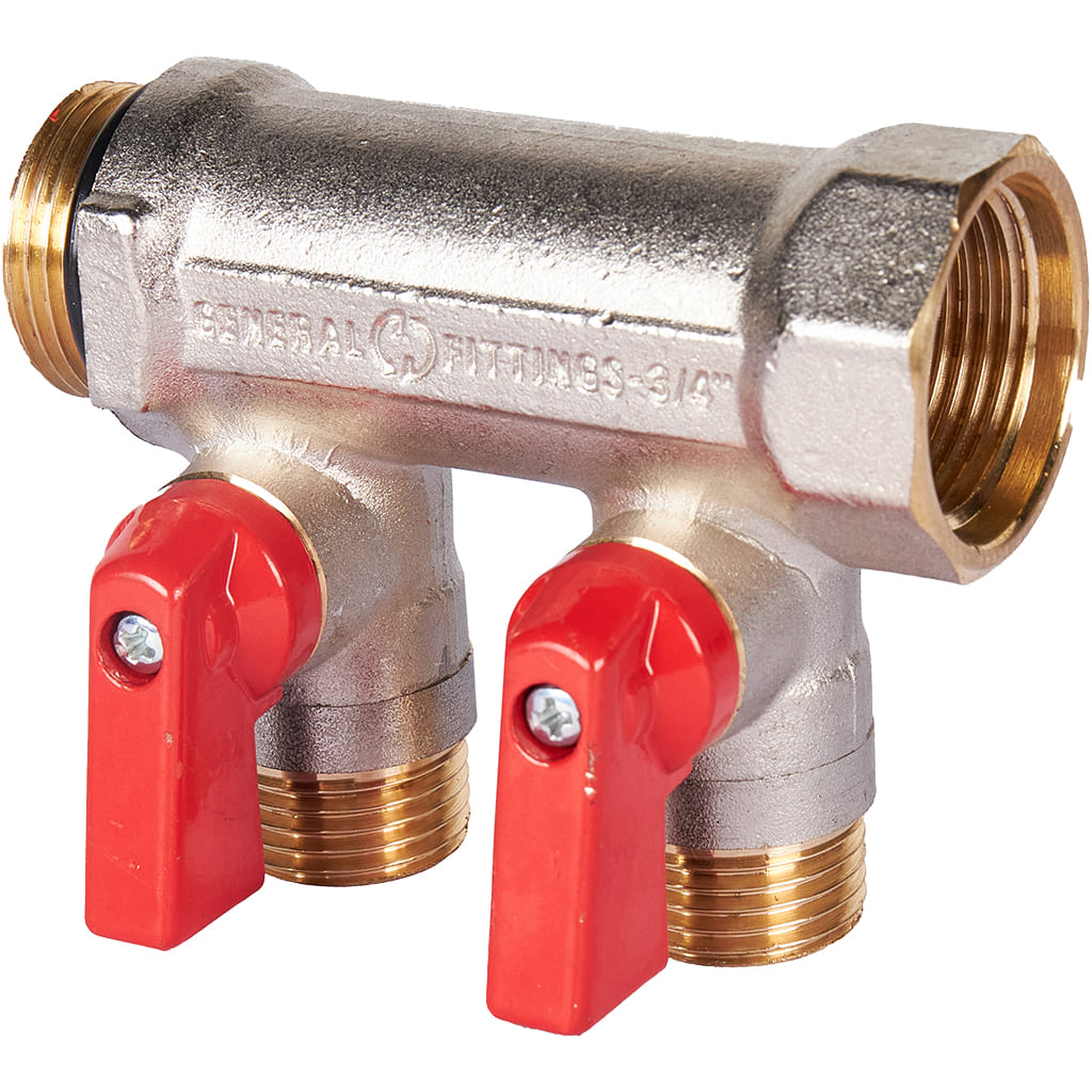 Коллектор с шаровыми кранами Stout SMB 6210 3/4" на 2 отвода 1/2" красные ручки Коллектор с шаровыми кранами Stout SMB 6210 3/4" на 2 отвода 1/2" красные ручки