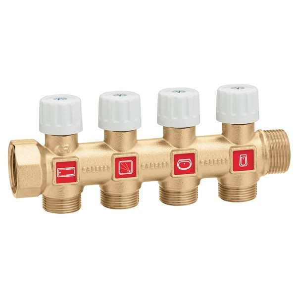 Распределительный коллектор Caleffi 3/4" на 4 отвода (23 ш.1,5 НР) с вентилями-отсекателями