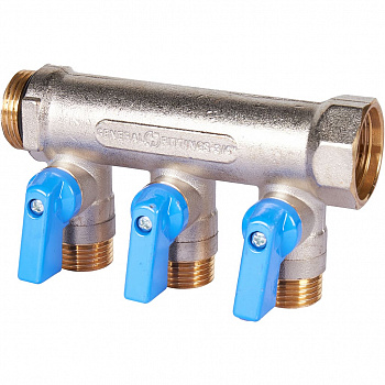 Коллектор с шаровыми кранами Stout SMB 6211 3/4" на 3 отвода 1/2" синие ручки