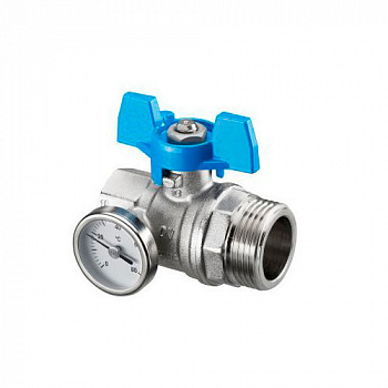 Шаровой кран Oventrop Ду25 1" ВР/НР, с термометром (0–80 °C), с синей рукояткой